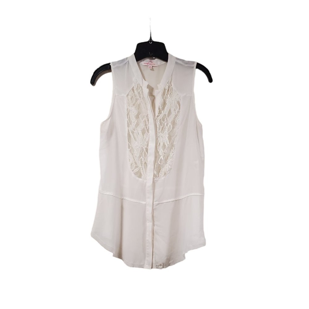Margo & Sebastian White Sheer Lace Sleeveless button Up Blouse Sz M